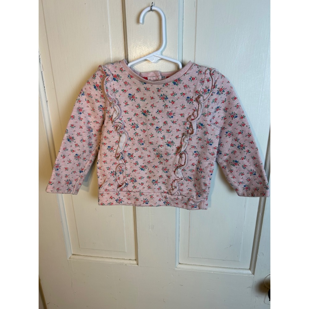 Baby Boden Pink Floral Ruffle Sweatshirt Toddler Girls 18-24M Y0871 Button Back